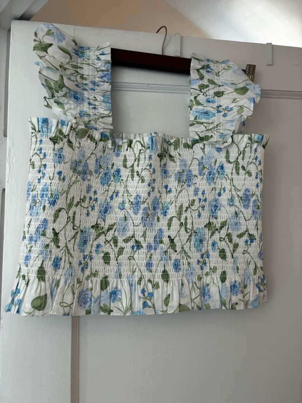 Hill House Smocked Floral Ruffle Crop Top - Blue & Green